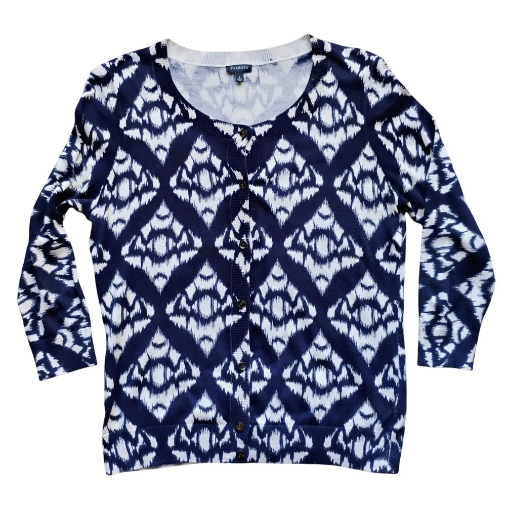 Talbots Womens Cardigan Sweater Size L Blue White Pattern Knit Button Up